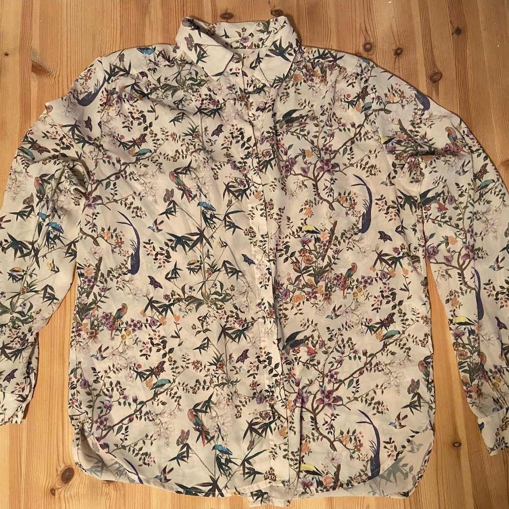 H&M Cream Floral Button-Down Shirt with Multicolor Bird Print